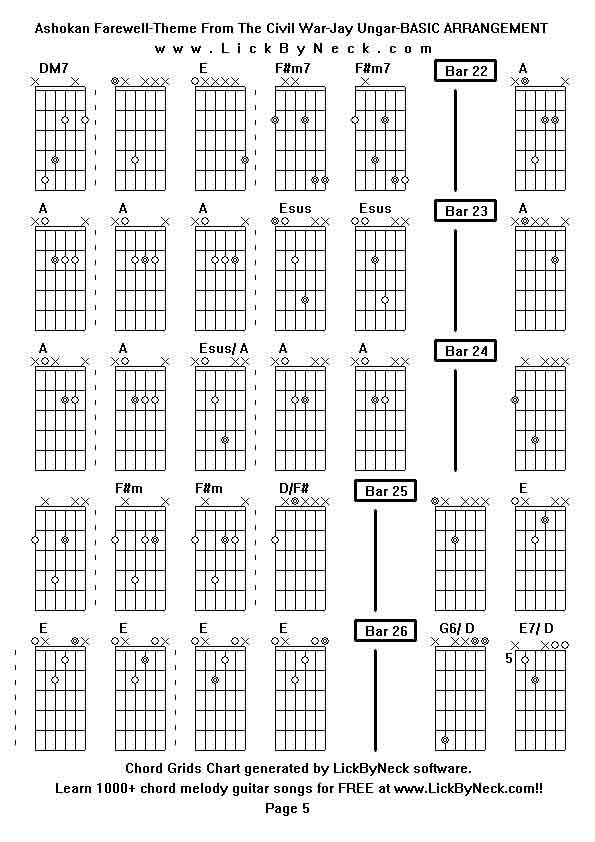 Chord Grids Chart of chord melody fingerstyle guitar song-Ashokan Farewell-Theme From The Civil War-Jay Ungar-BASIC ARRANGEMENT,generated by LickByNeck software.